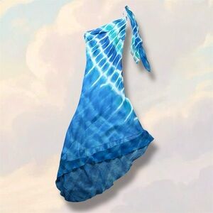 Y2K one shoulder blue silk printed midi dress